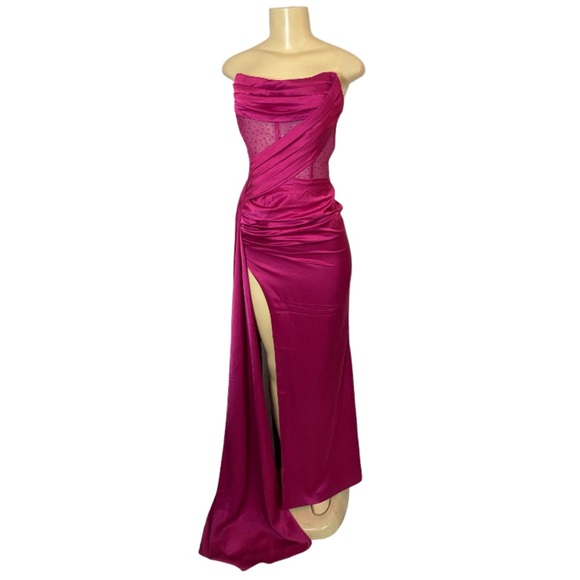 Miss Circle Holly Fuchsia Crystallized Corset High Slit Satin Gown Size XS - Picture 2 of 13